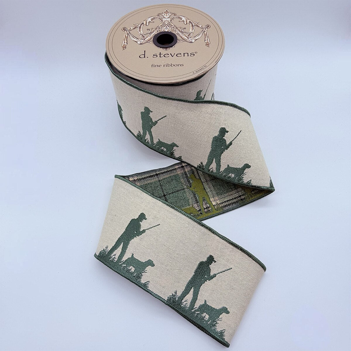 Linen Ribbon with Hunter and Dog Plaid Embroidery 4" x 5 Yds