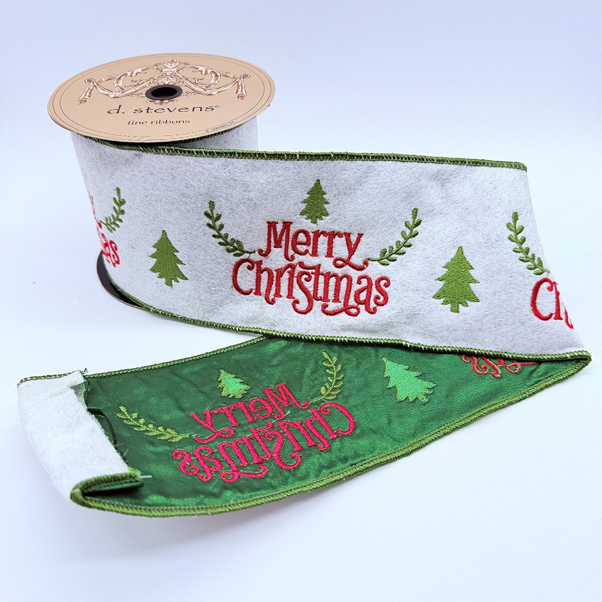 Merry Christmas White Ribbon Felt Metallic Embroidery 4" x 5 Yds