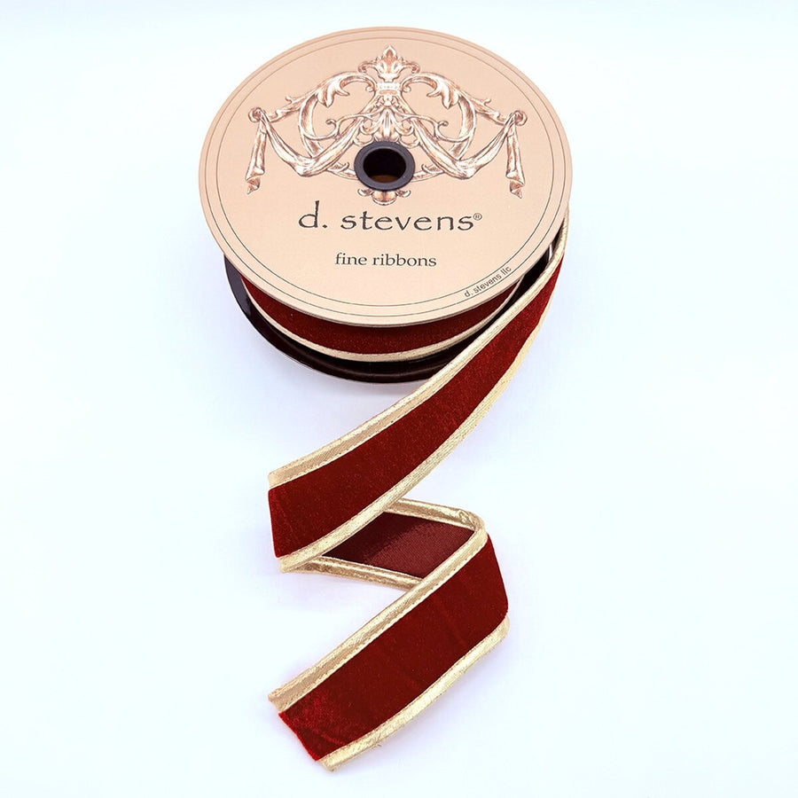 Dark Red Velvet Gold Lame Edge Ribbon 1.5 Inch x 10 Yds
