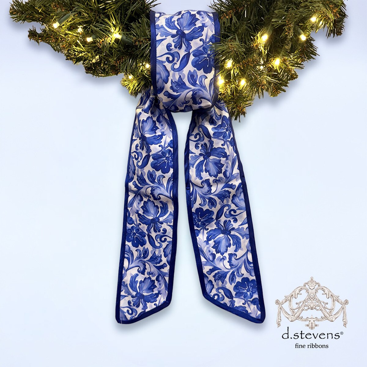 Chinoiserie Sash Blue White Taffeta Acanthus Leaf 4" x 56"