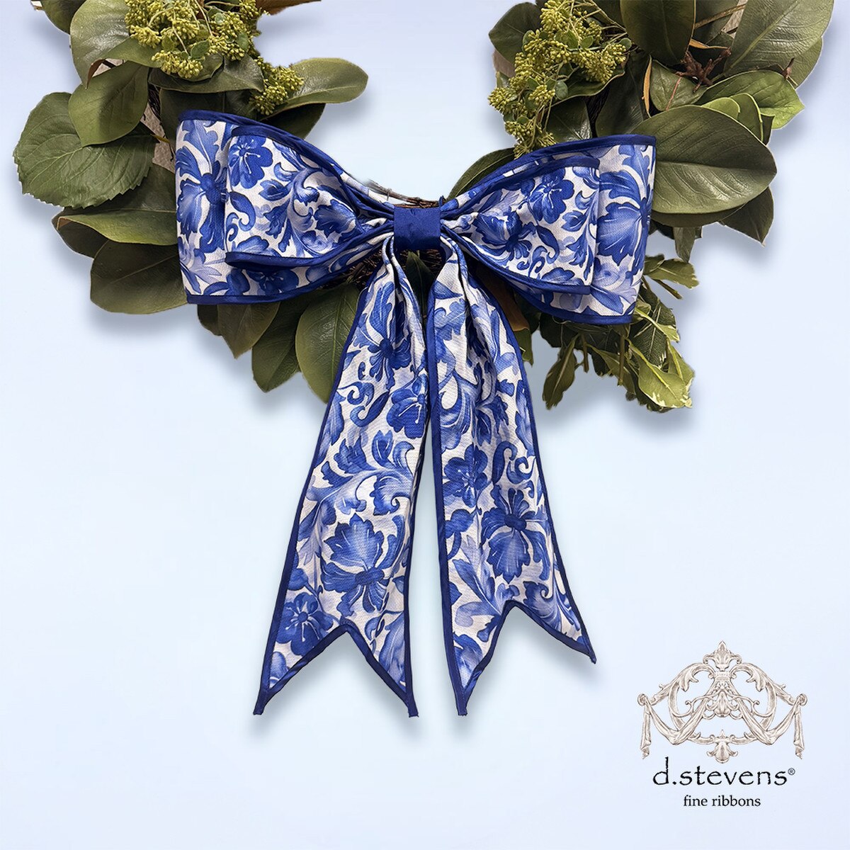 Chinoiserie Bow Ribbon Blue White Taffeta 6" x 18"