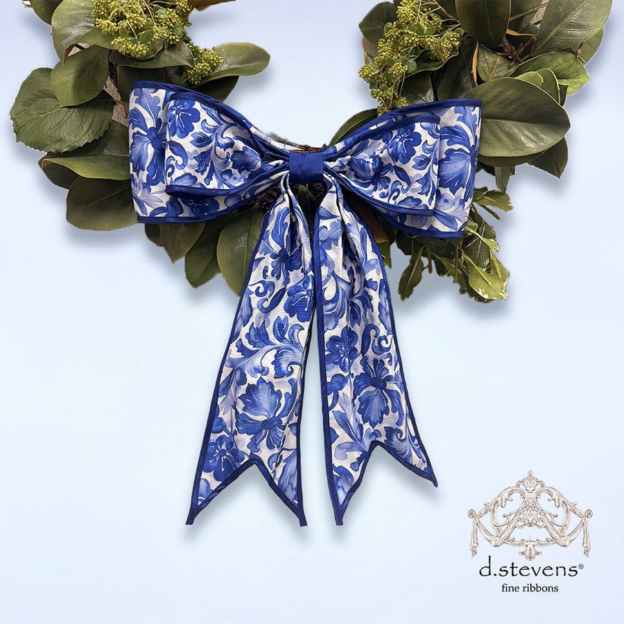 Chinoiserie Bow Ribbon Blue White Taffeta 6" x 18"