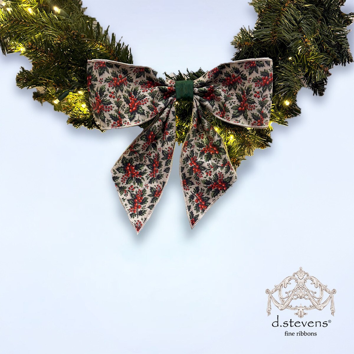 Holly Bow Ribbon Green Red Ivory 4" x 10" Poplin