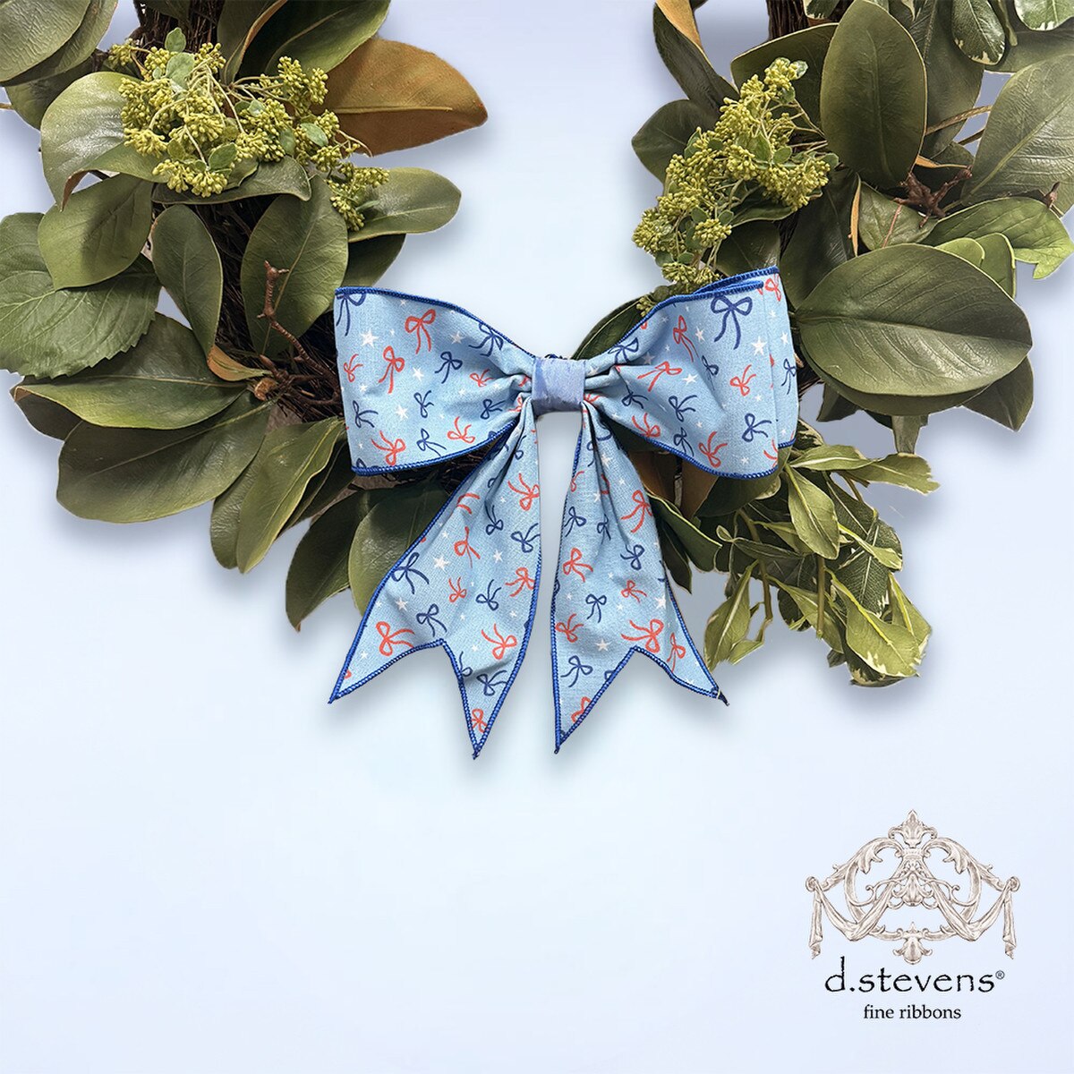 Light Blue Ribbon Poplin Red Blue Bows Pre-Made Bow 12"