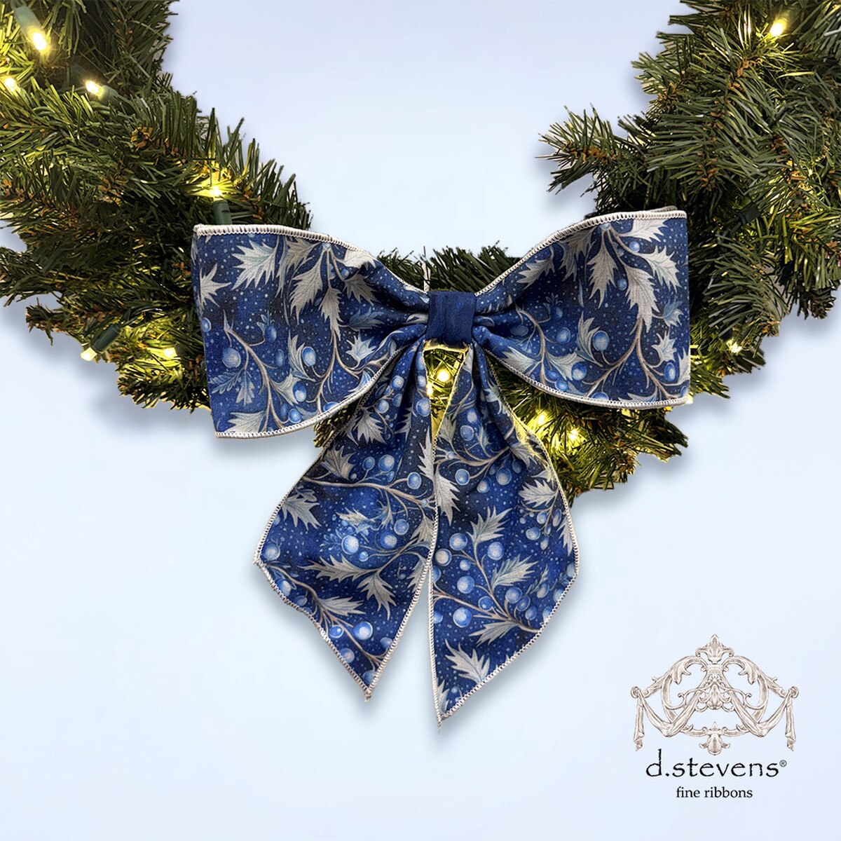 Holly Bow Blue Ribbon Poplin Vintage 4" x 10"