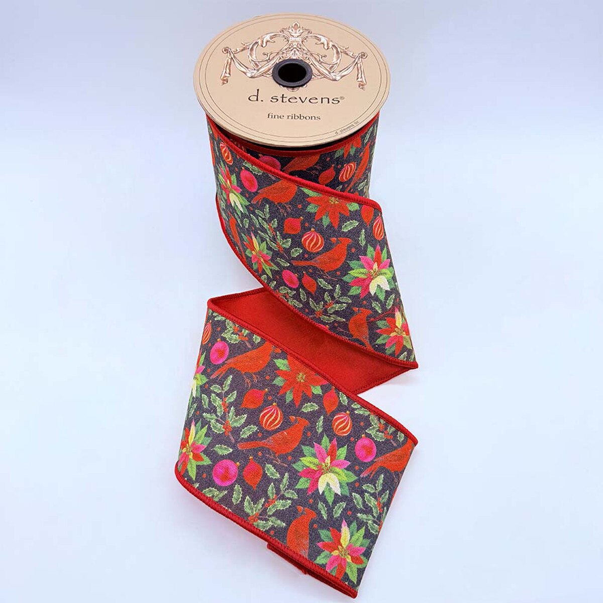 Cardinal Poinsettia Stripe Back Red Green Black Ribbon 4" x 10 Yds