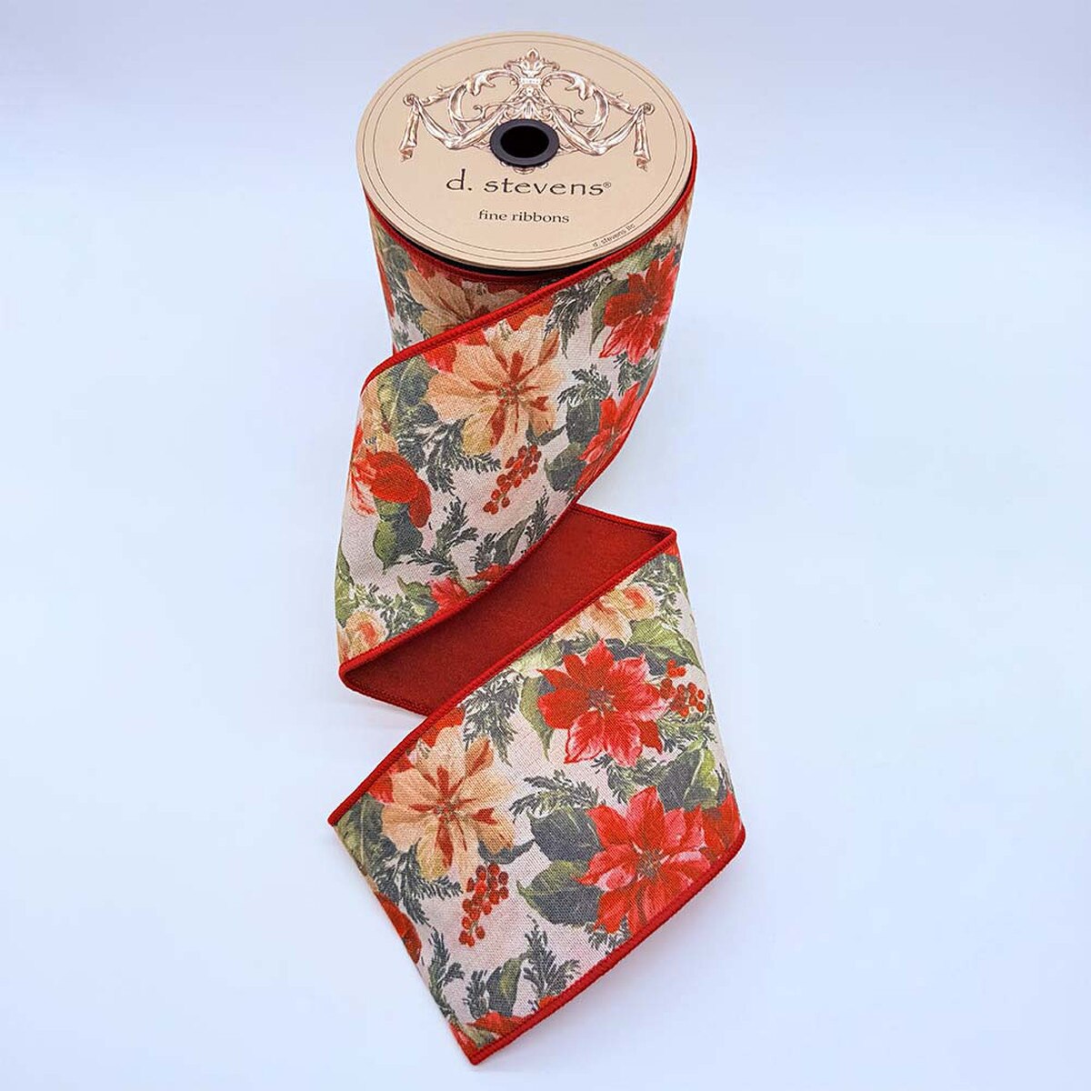 Holly Poinsettia Bow Green Red Ivory Poplin Ribbon 4" x 10 Yds