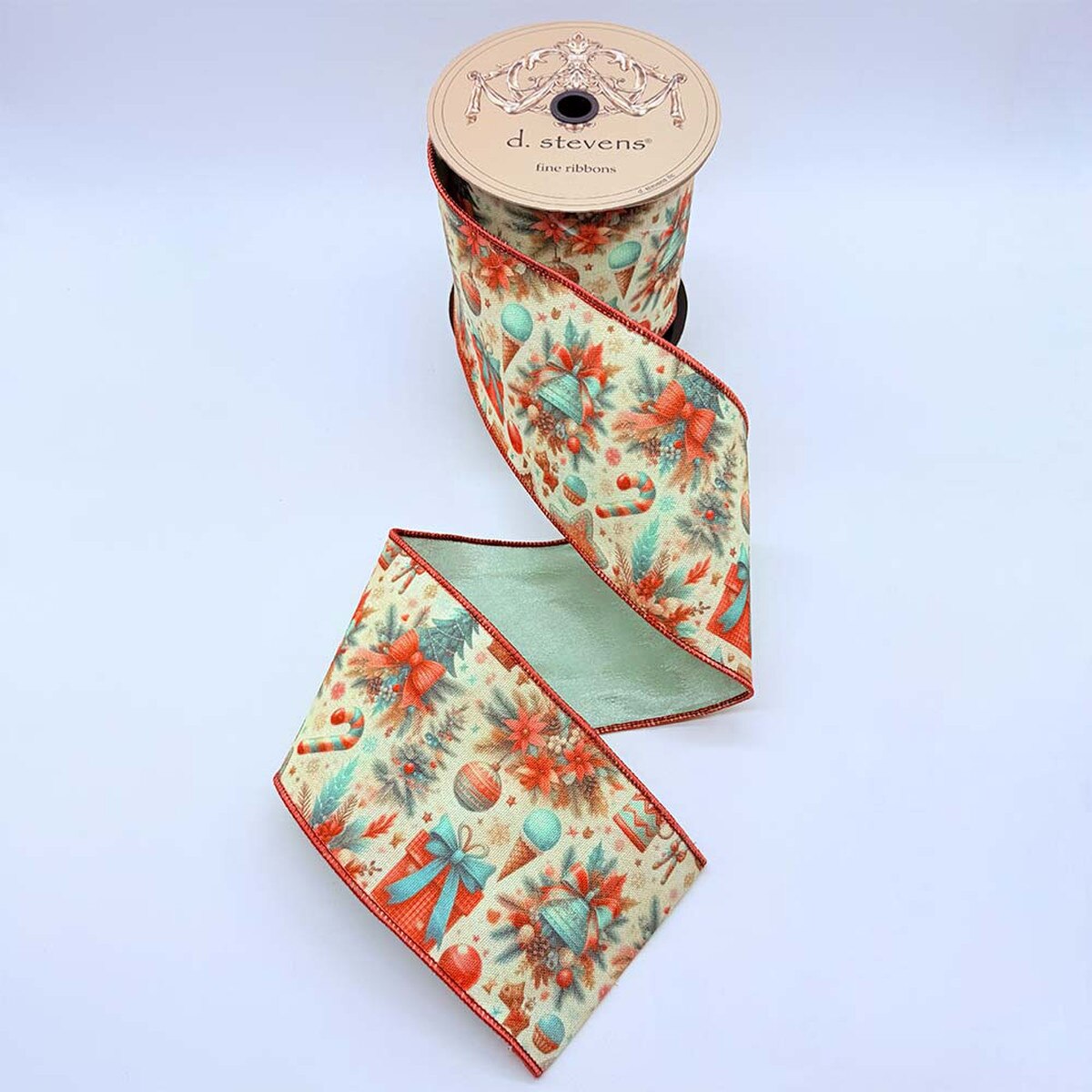 Holly Poinsettia Taffeta Ribbon Ivory Dark Teal Pink 4" x 10 Yds