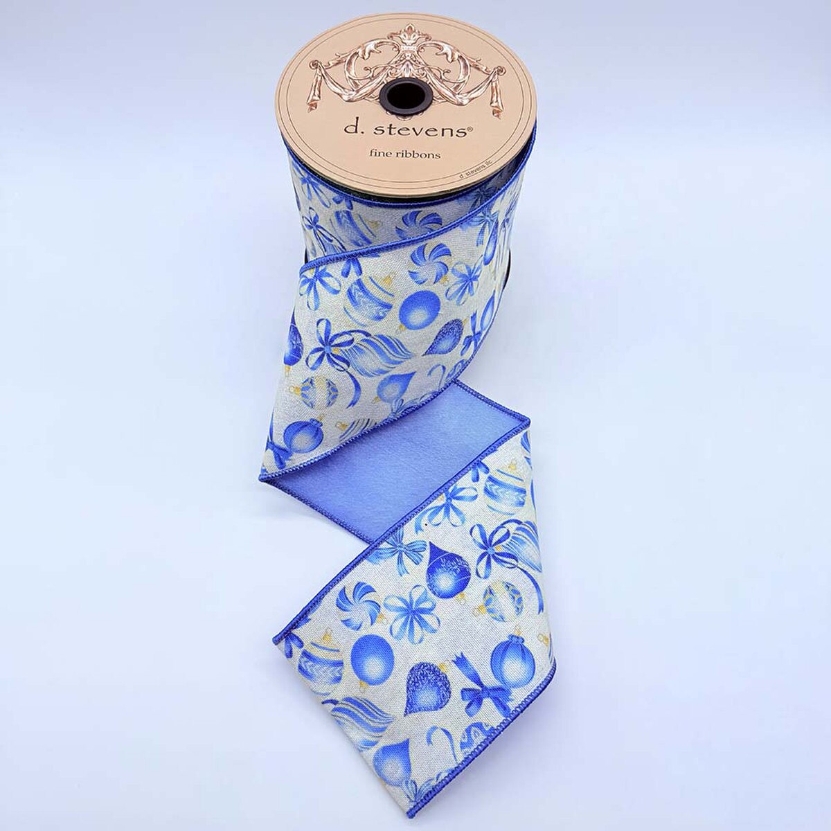 Taffeta Blue Ornaments with Blue Ivory Ribbon 4" x 10 Yds