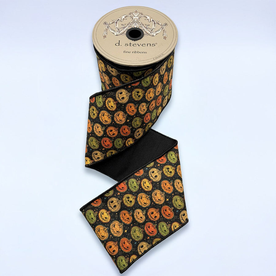 Jack-O-Lantern Taffeta Ribbon Black Back Green Orange 4" x 10 Yds