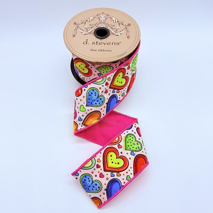 Colorful Hearts Taffeta Ribbon 2.5" x 10 Yds Pink Blue Yellow