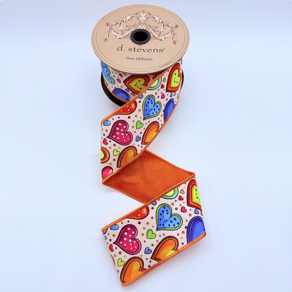 Colorful Hearts Taffeta Ribbon 2.5 Inch Orange Backing