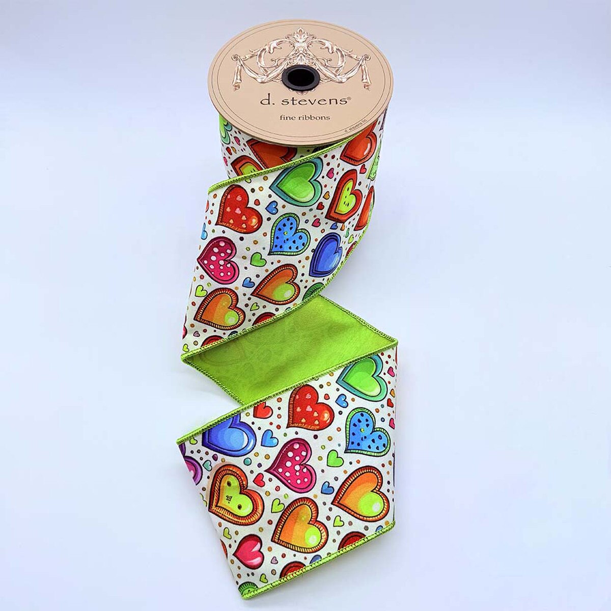 Taffeta Ribbon Lime Green Hearts Pink Blue Yellow 4" x 10 Yds