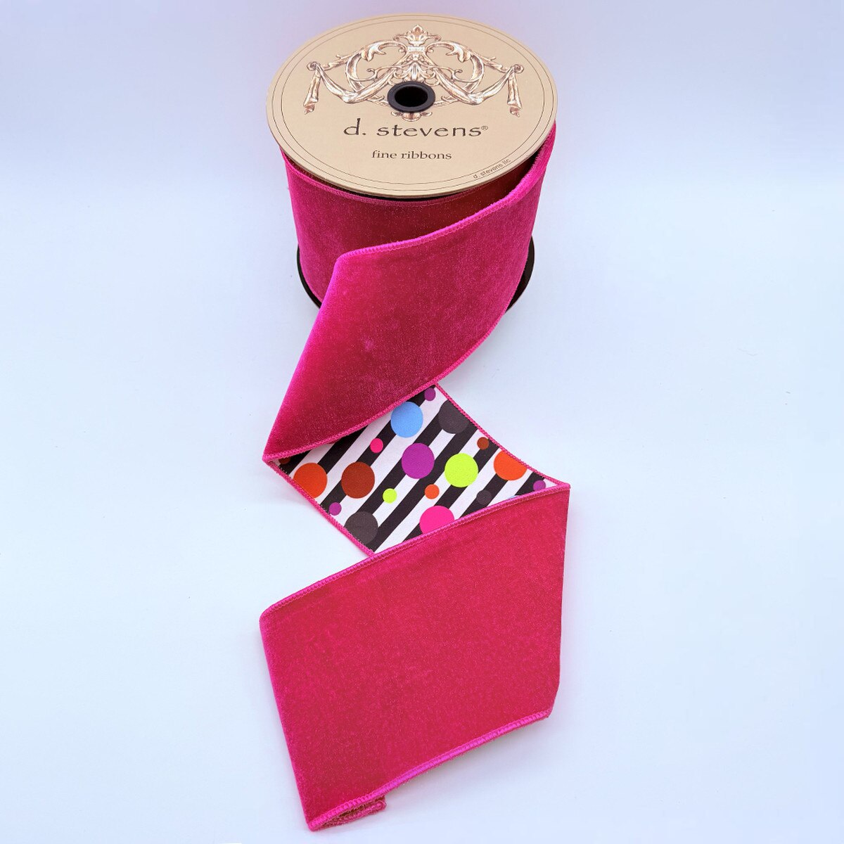 Hot Pink Ribbon Velvet Black White Stripe 4" x 10 Yds