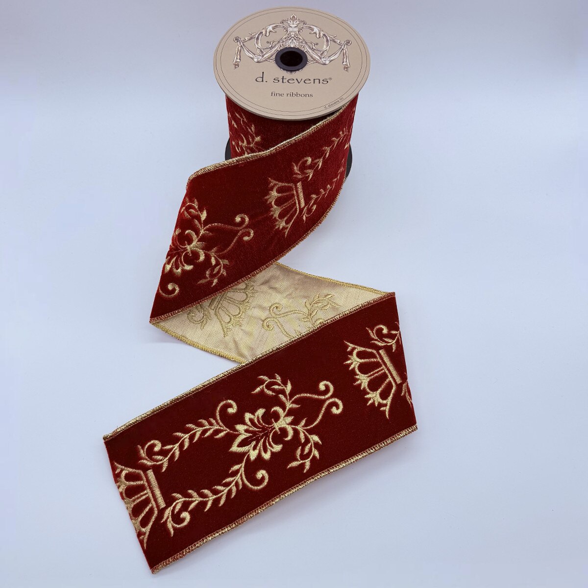 Dark Red Velvet Gold Majestic Scroll Embroidery Ribbon