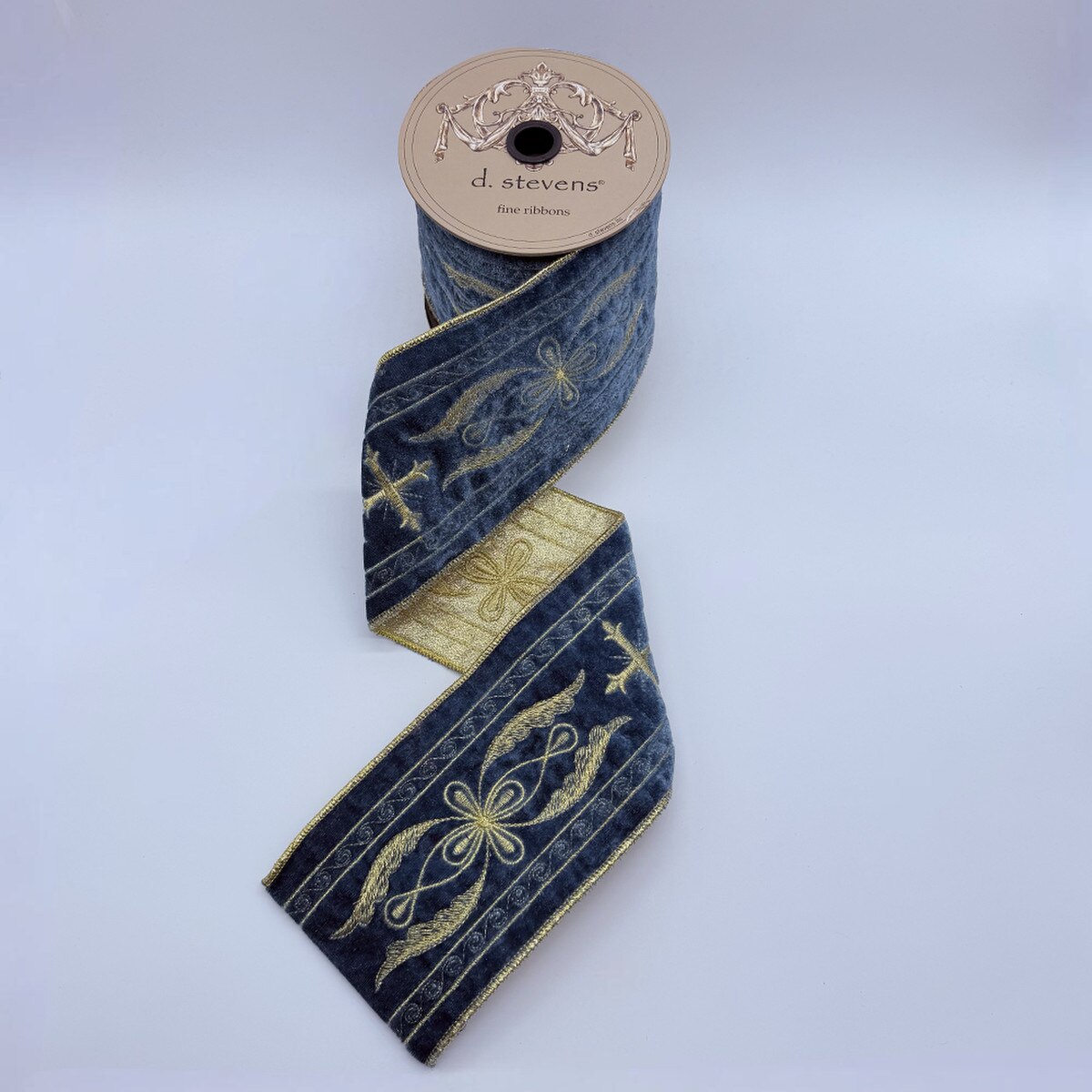 Dusty Blue Velvet Ribbon with Gold Cross Embroidery 4" x 5 Yds