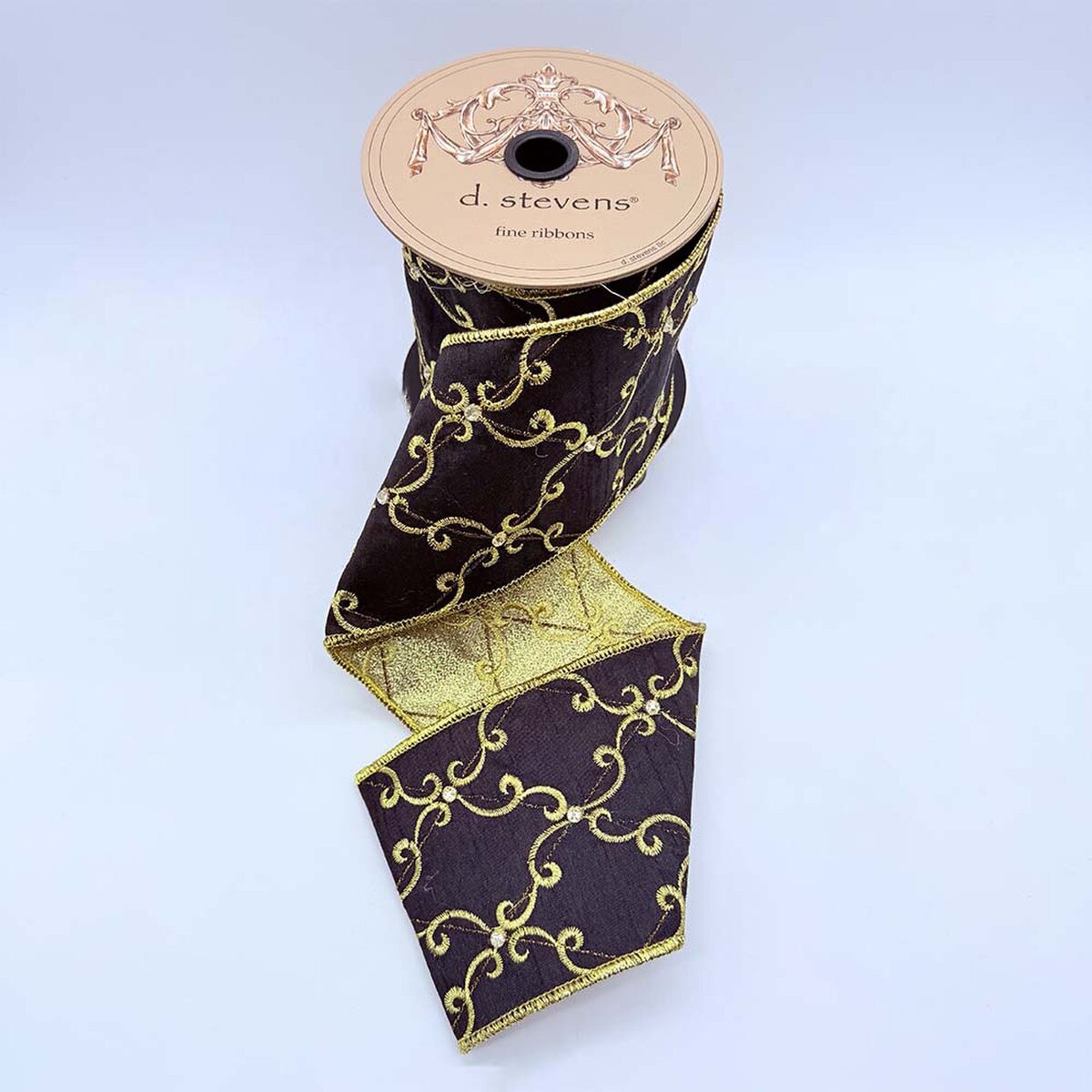 Black Metallic Embroidery Lattice Scroll Ribbon 4" x 5 Yds