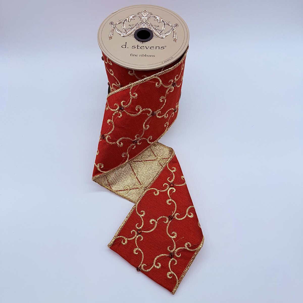Jewel Red Metallic Embroidery Lattice Scroll Ribbon 4" x 5 Yds