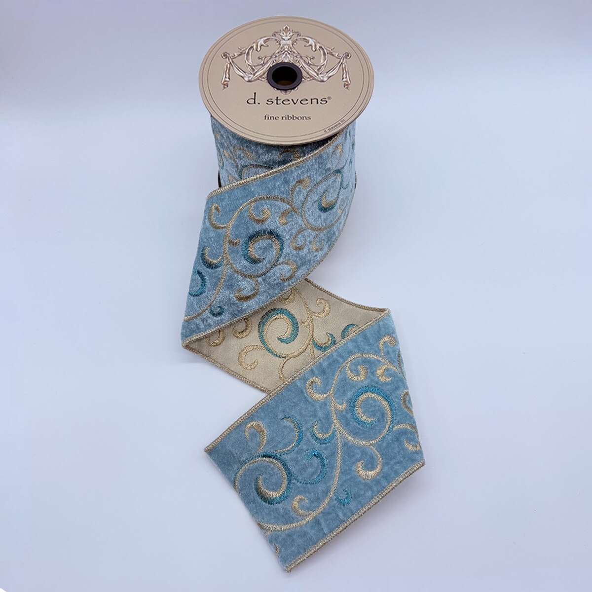 Moody Blue Velvet Gold Teal Embroidery Ribbon 4" x 5 Yds
