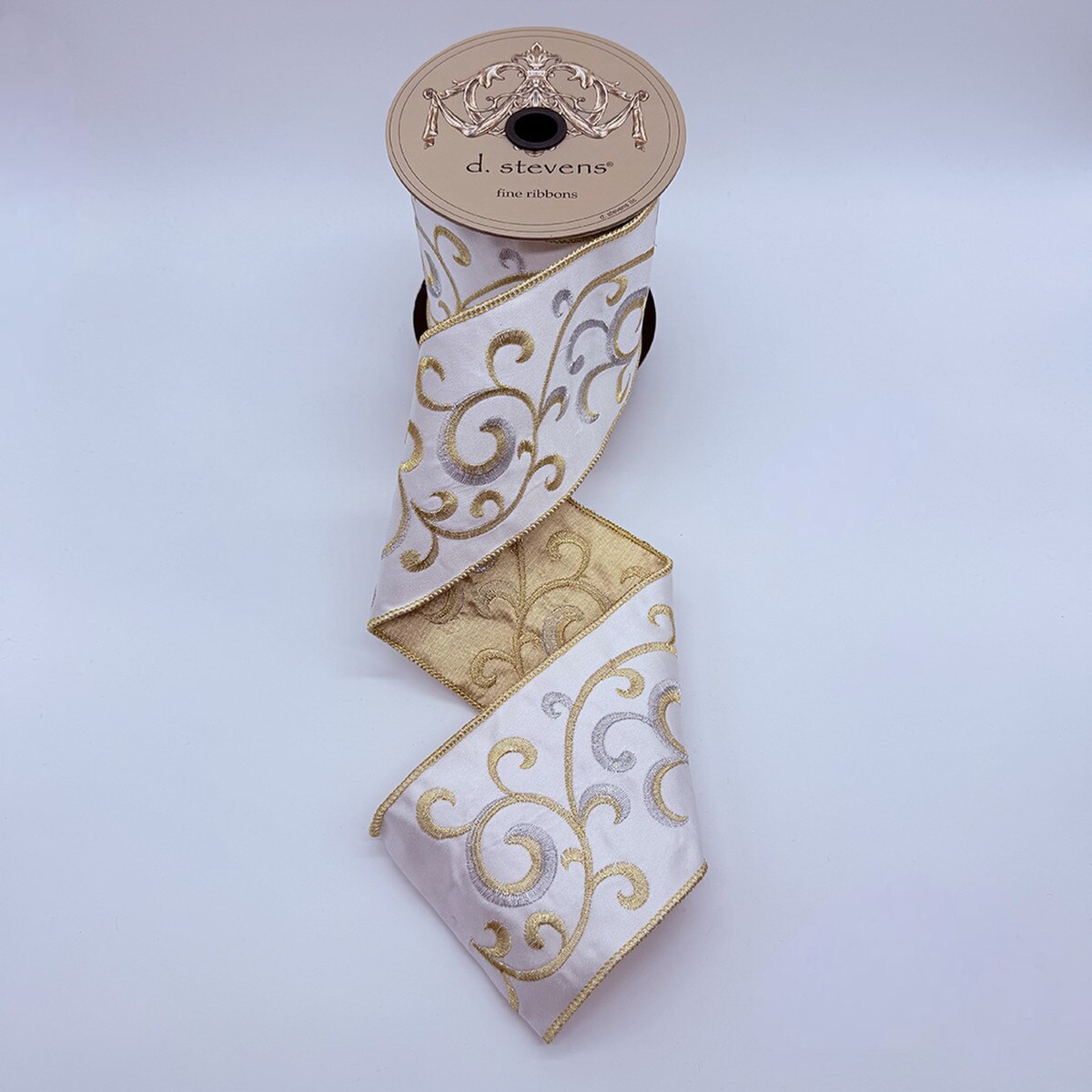 Winter White Satin Ribbon with Gold Silver Embroidery 4" x 5 Yds