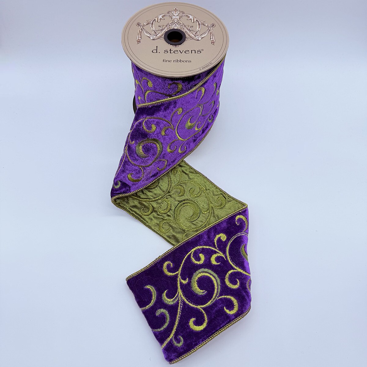 Gold Green Velvet Embroidery Scroll Purple Ribbon 4 Inch