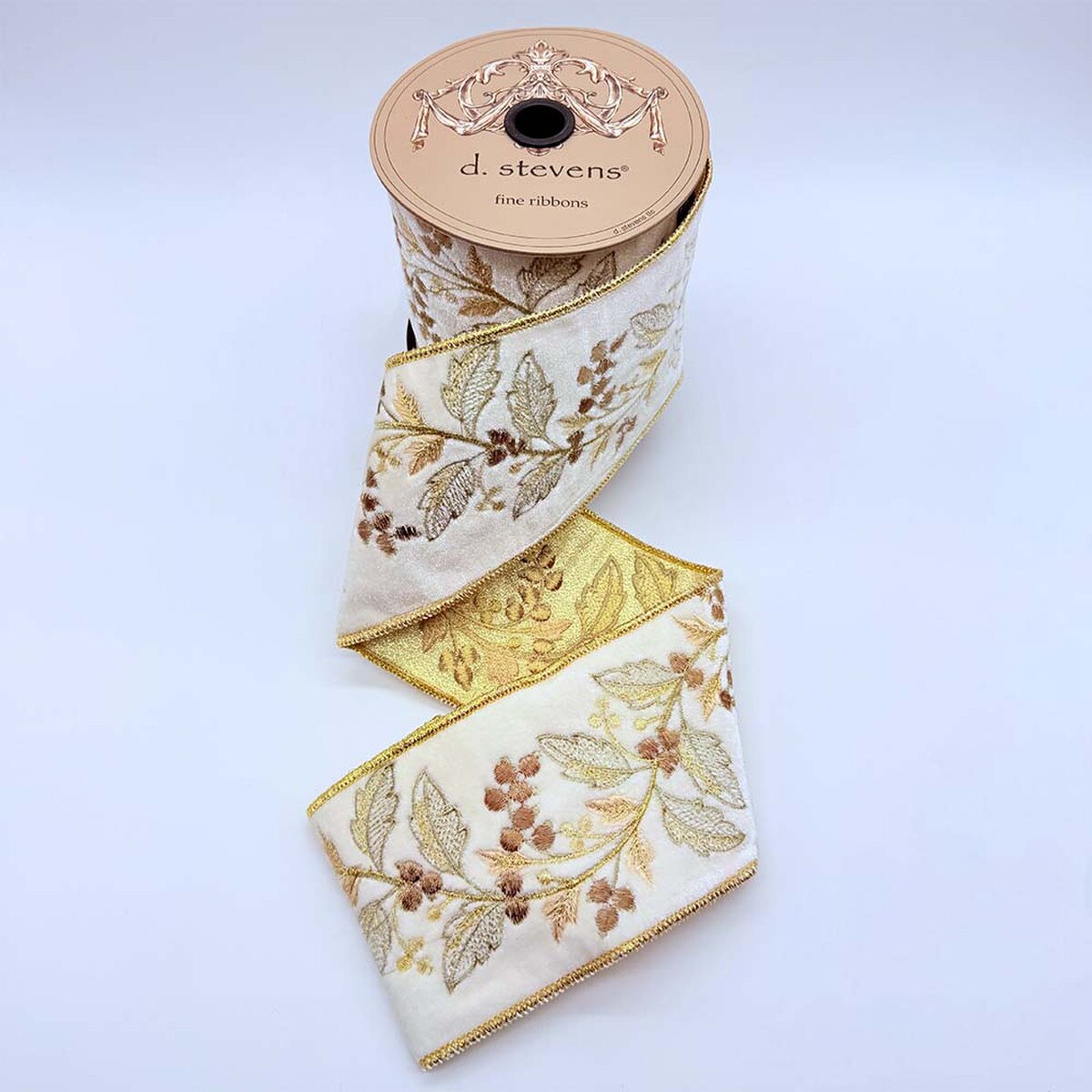Winter White Ribbon Velvet Sage Beige Vining Berry Embroidery