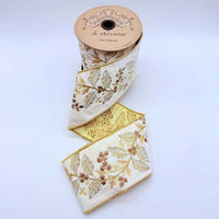 Winter White Ribbon Velvet Sage Beige Vining Berry Embroidery