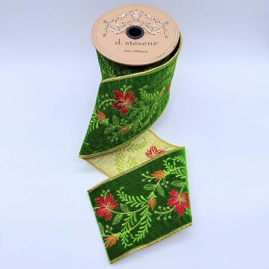 Floral Embroidery Green Ribbon Velvet Red Orange 4" x 5 Yds
