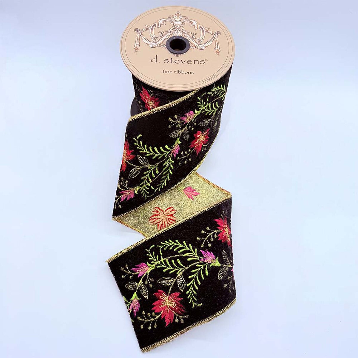 Red Pink Floral Velvet Embroidery Ribbon 4 Inches x 5 Yards