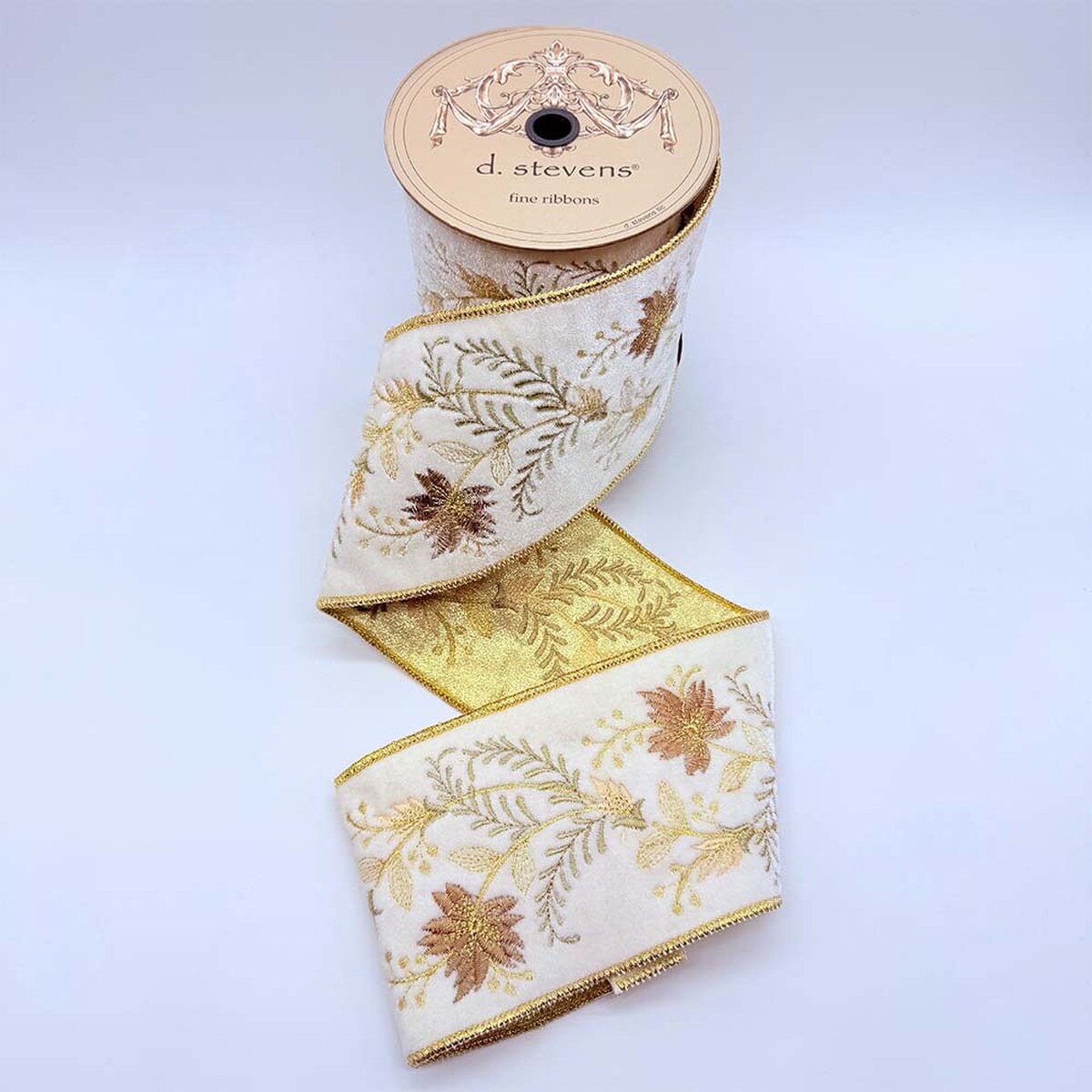 Sage Beige Velvet Embroidery Floral Ribbon 4" x 5 Yds