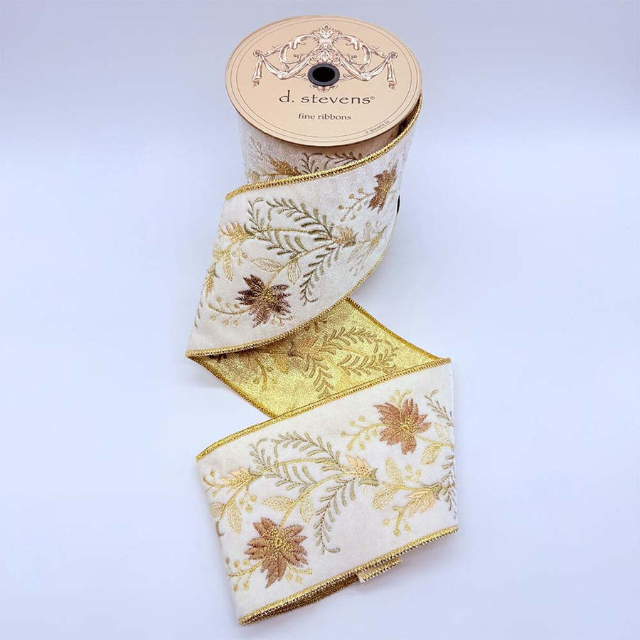 Sage Beige Velvet Embroidery Floral Ribbon 4" X 5 Yds