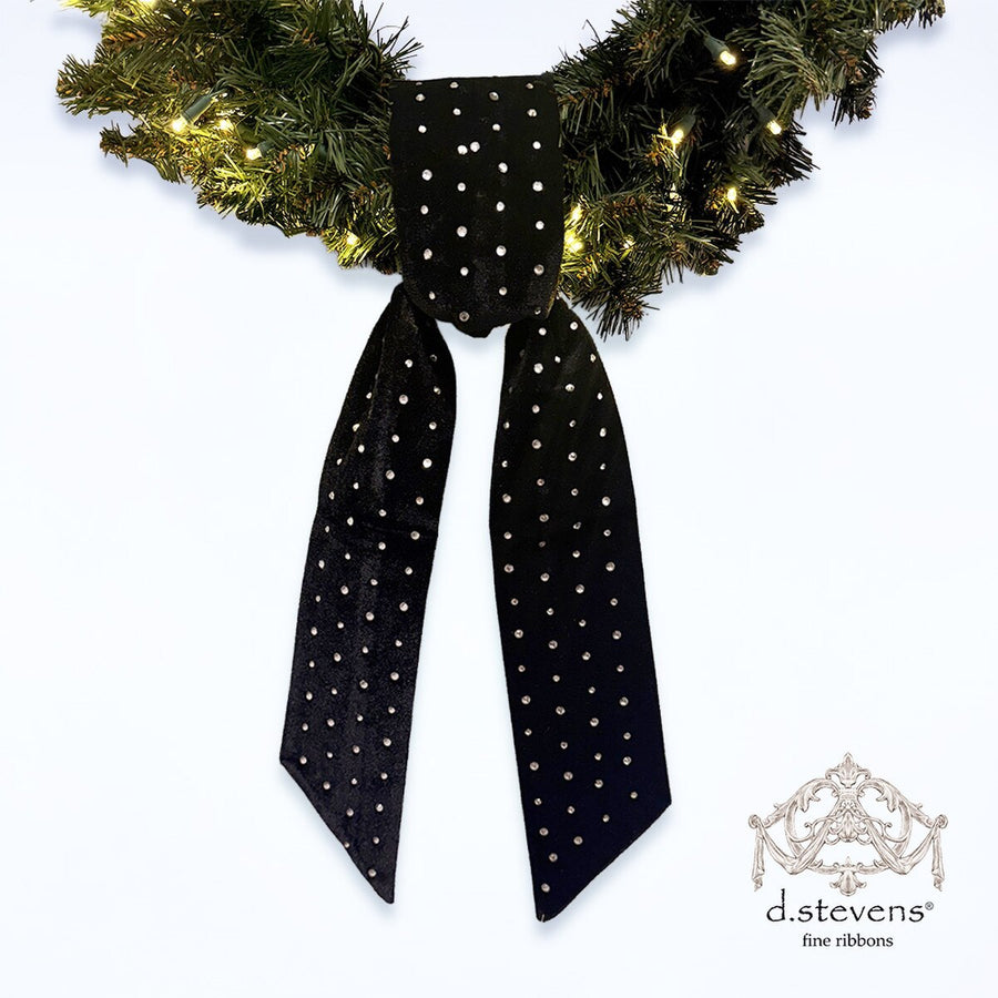 Velvet Sash Black Ribbon with Clear Rhinestones 4 x 56