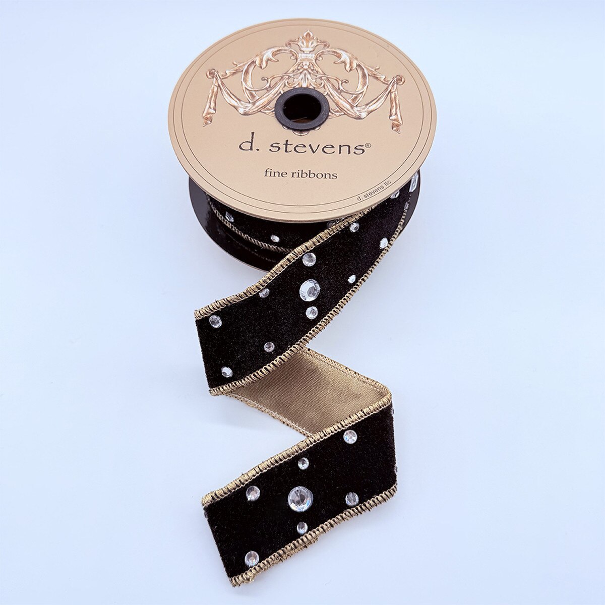 Velvet Black Ribbon with Clear Rhinestones Gold Back