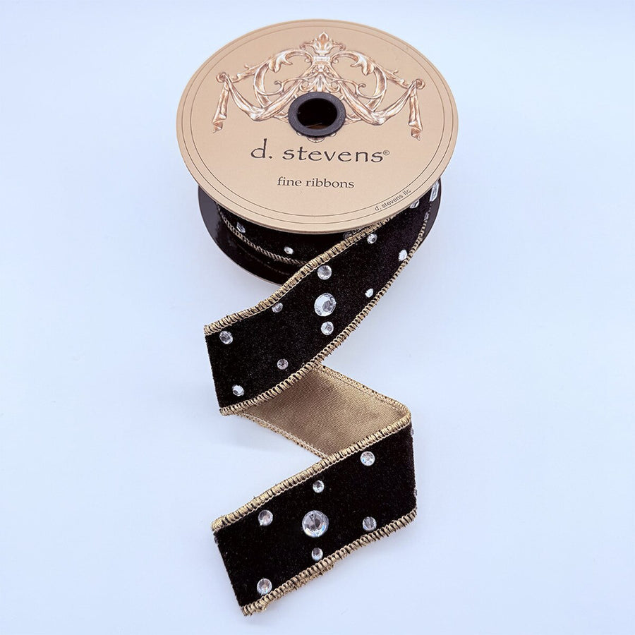 Velvet Black Ribbon with Clear Rhinestones Gold Back