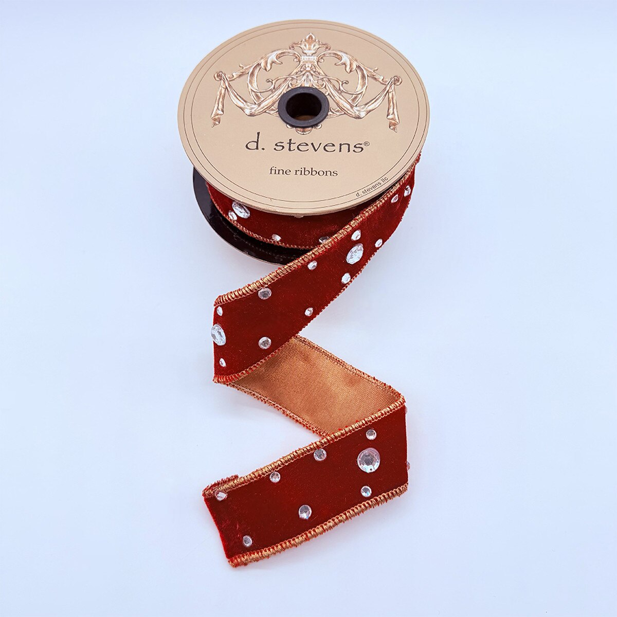 Dark Red Velvet Ribbon with Clear Rhinestones Gold Back