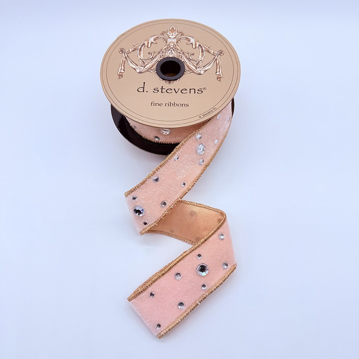 Velvet Pink Ribbon with Clear Rhinestones Gold Back 1.5" x 5 Yds