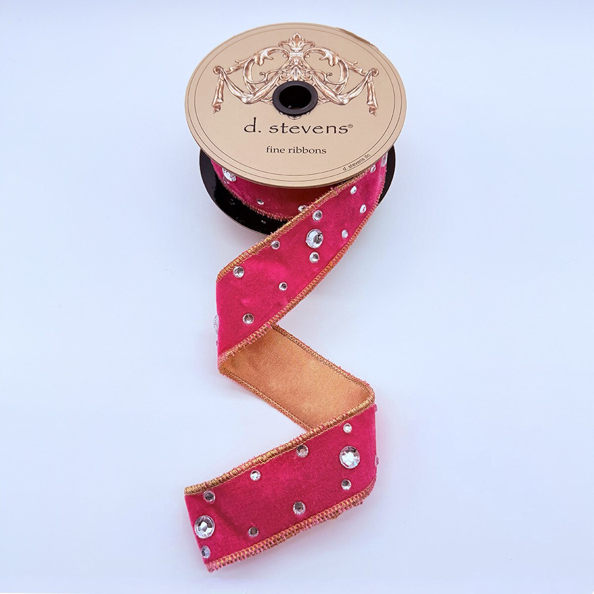 Hot Pink Velvet Ribbon with Clear Rhinestones Gold Back