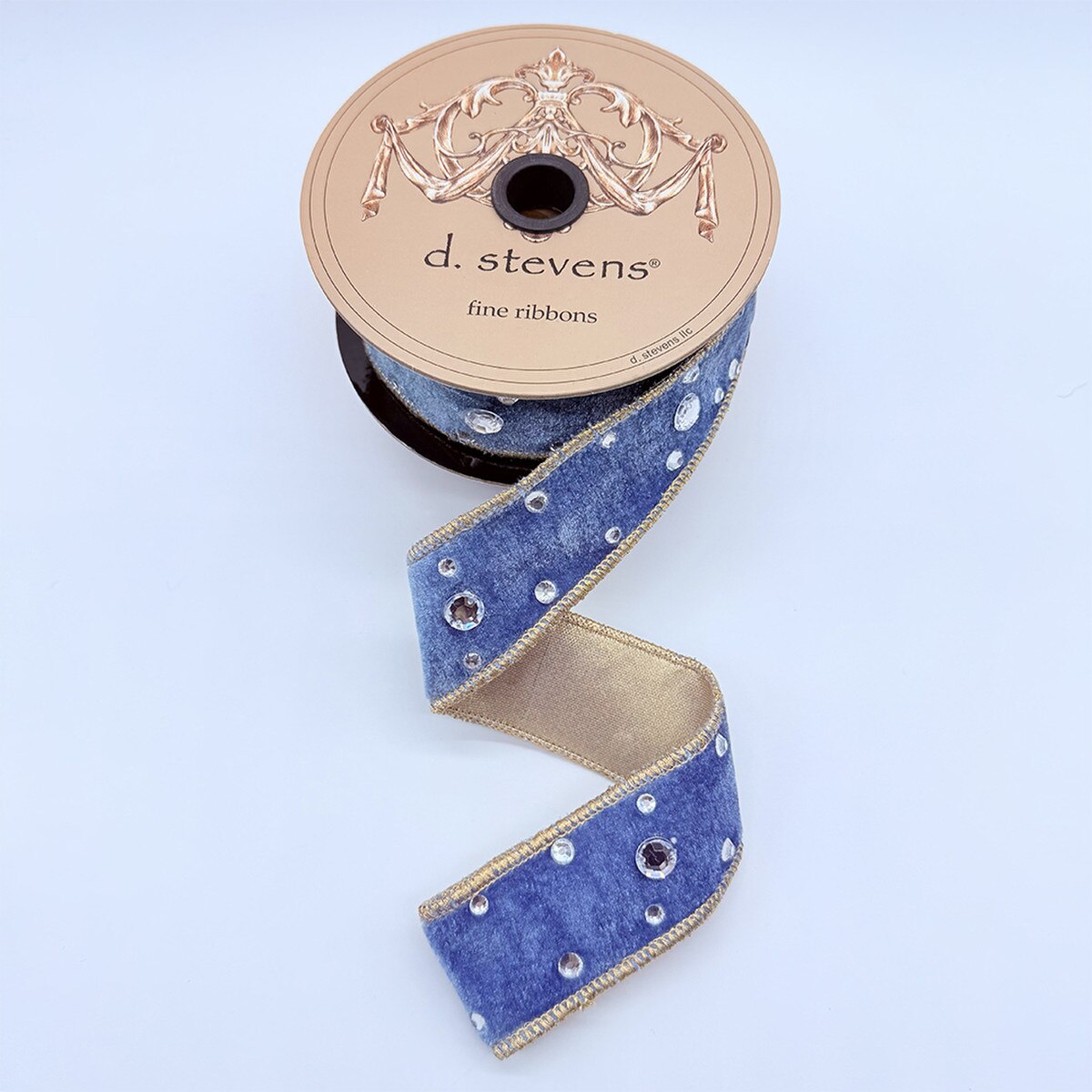 Dusty Blue Velvet Ribbon with Clear Rhinestones 1.5" x 5 Yds