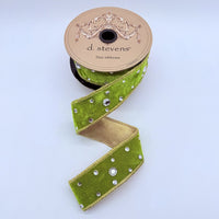 Lime Velvet Ribbon with Clear Rhinestones Gold Back 1.5