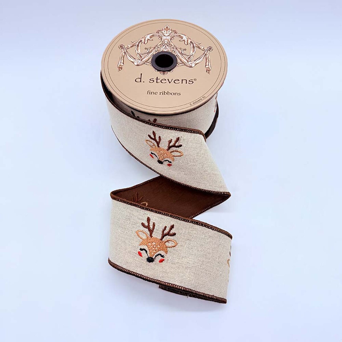 Brown Linen Embroidery Ribbon with Cheerful Deer 2.5" x 10 Yds