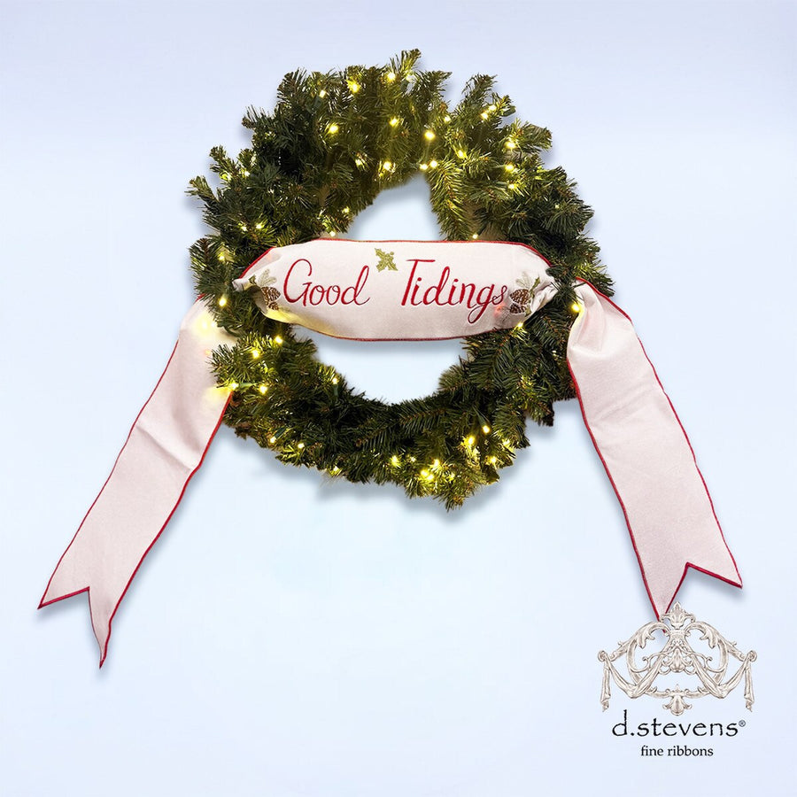 Pinecones Satin Embroidery Ribbon Red White 6" x 70"
