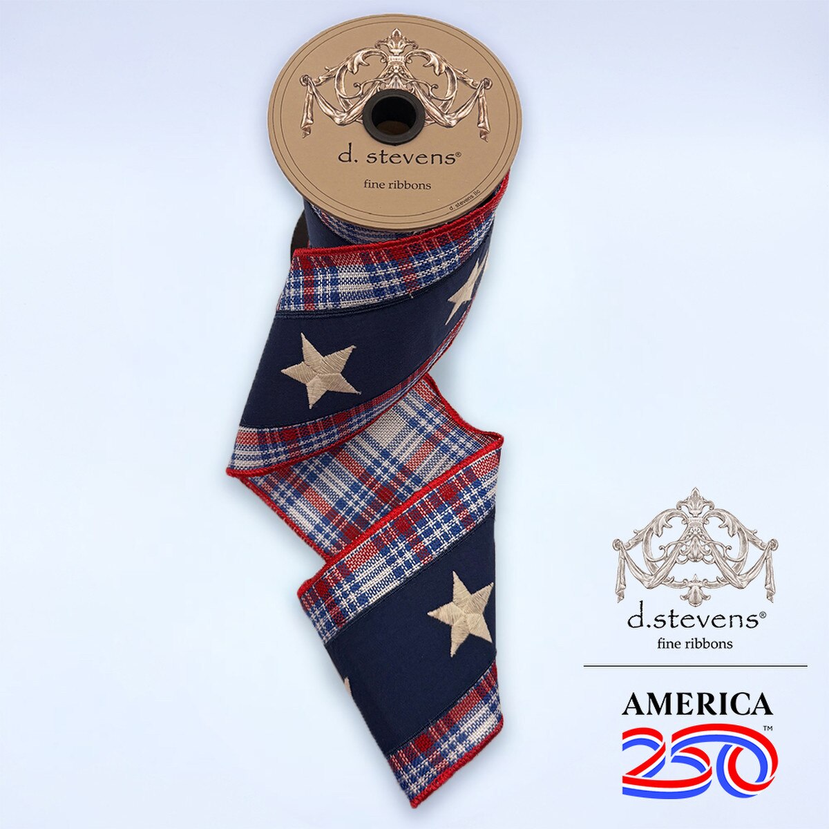 Red White Blue Poplin Plaid Ribbon with Stars 4" x 5 Yds