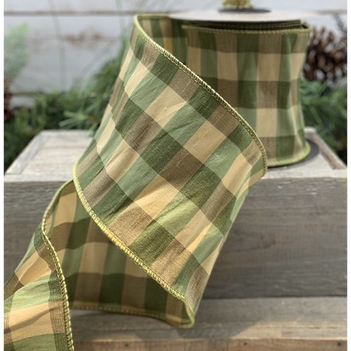 Olive-Gold Check Ribbon 4 Inch x 10 Yards