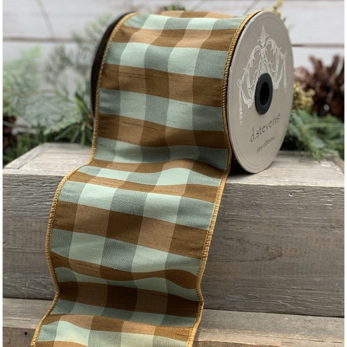 Cinnamon-Spruce Faux Dupion Check Ribbon 4" x 10 Yds