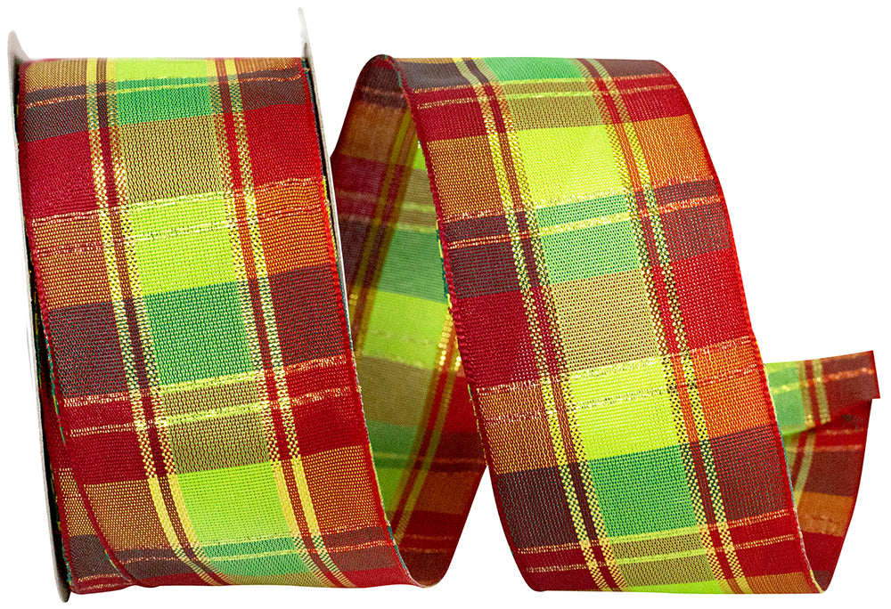Cheerful Plaid Wired Edge Ribbon 1-1/2 Inch for Wreaths