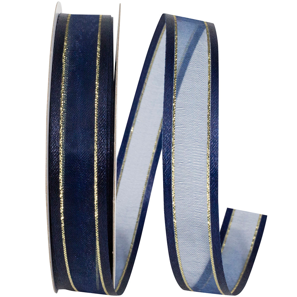 Navy Sheer Satin Edge Metallic Ribbon 5/8 Inch for Bows