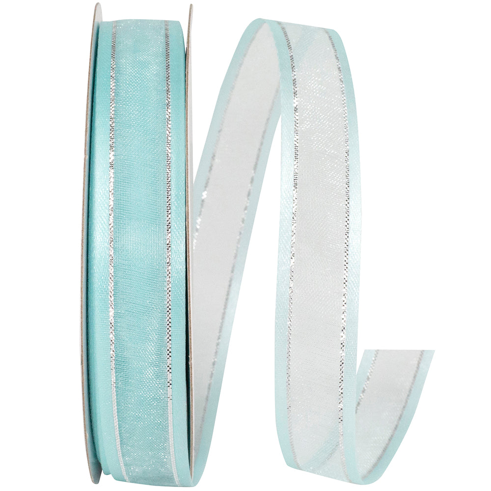 Aqua Silver 5/8 Inch Sheer Satin Edge Metallic Ribbon