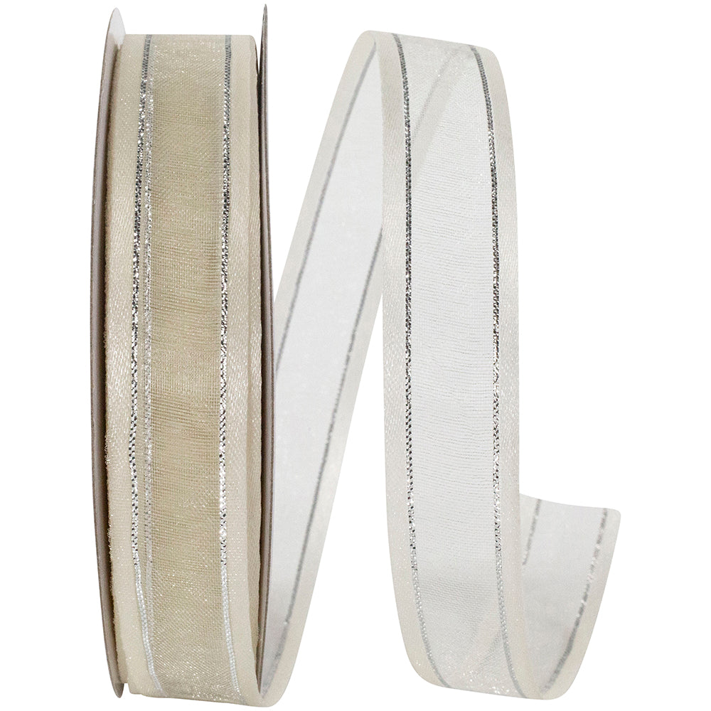 Ivory Silver Sheer Satin Edge Metallic Ribbon 5/8 Inch
