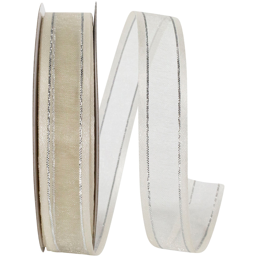 Ivory Silver Sheer Satin Edge Metallic Ribbon 5/8 Inch