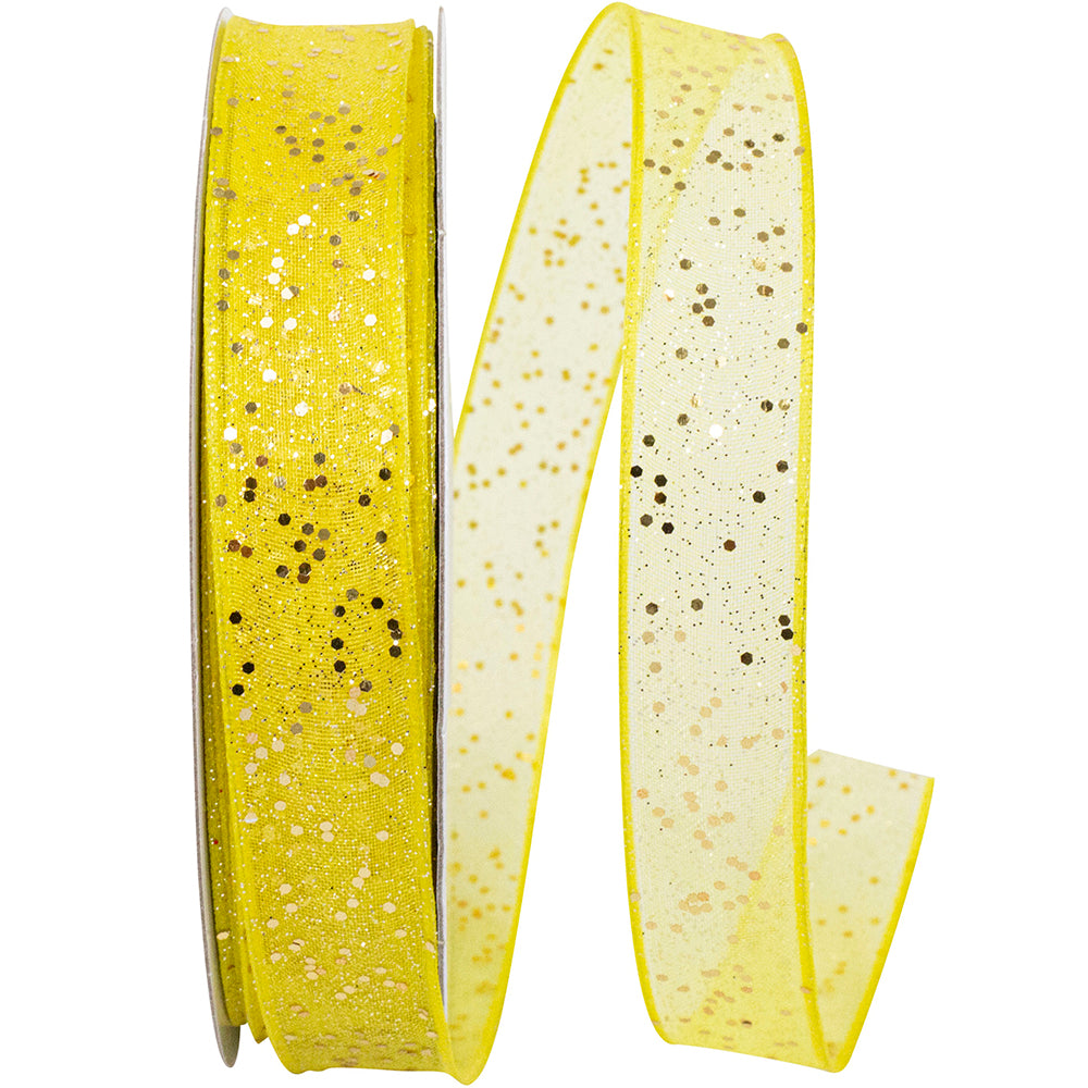 Yellow 5 8 Inch Sheer Sparkle Wired Edge Ribbon Rd for Wreaths & Bows
